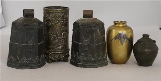 A Japanese bronze vase, a brush pot, two Burmese bells and a vase